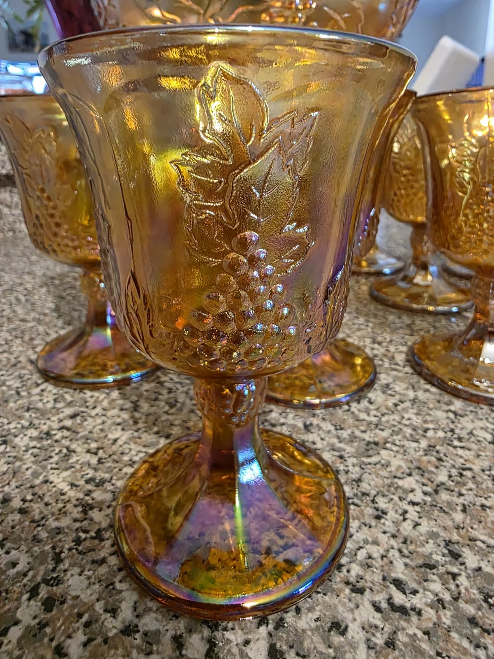 VTG Amber Indiana Glass Carnival Glass Grapes Compote Bowl + 6 Goblets Set